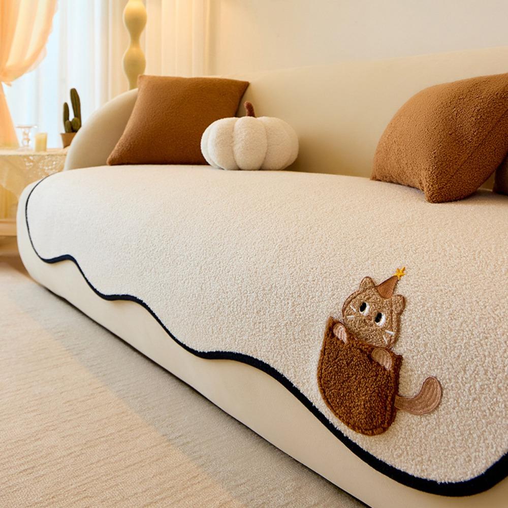 Cartoon Cat Sofa Slipcover Non Slip Teddy Fleece Universal Cover Pet Proof Protector for All Seasons