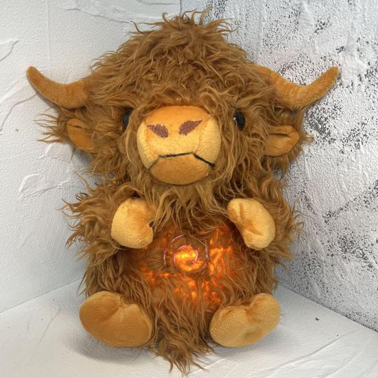 Baby Breathing Highland Cow Plush Toy with Soothing Music Light Musical Cattle Plushie Stuffed Animal Calming Doll Soother Newborn Infant