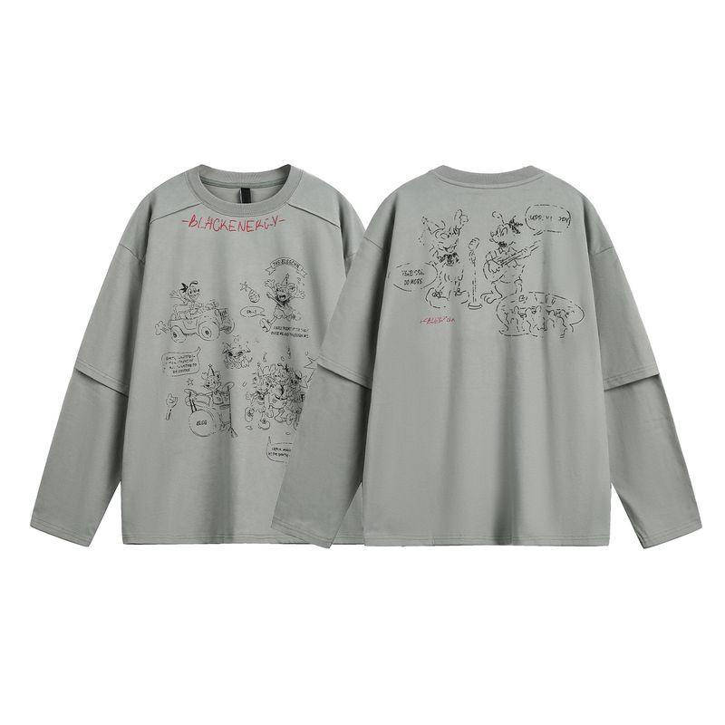 

Acrardic American Cartoon Print Fake Two-Piece round Neck Hoodie Men s Street Retro Casual Stacked Pullover Top Gray Green XL