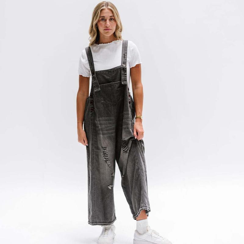 

Женский модный ретро-комбинезон с потертостями и отверстиями, свободный, широкий, удобный, повседневный, с подтяжками, джинсовый комбинезон XS чёрный