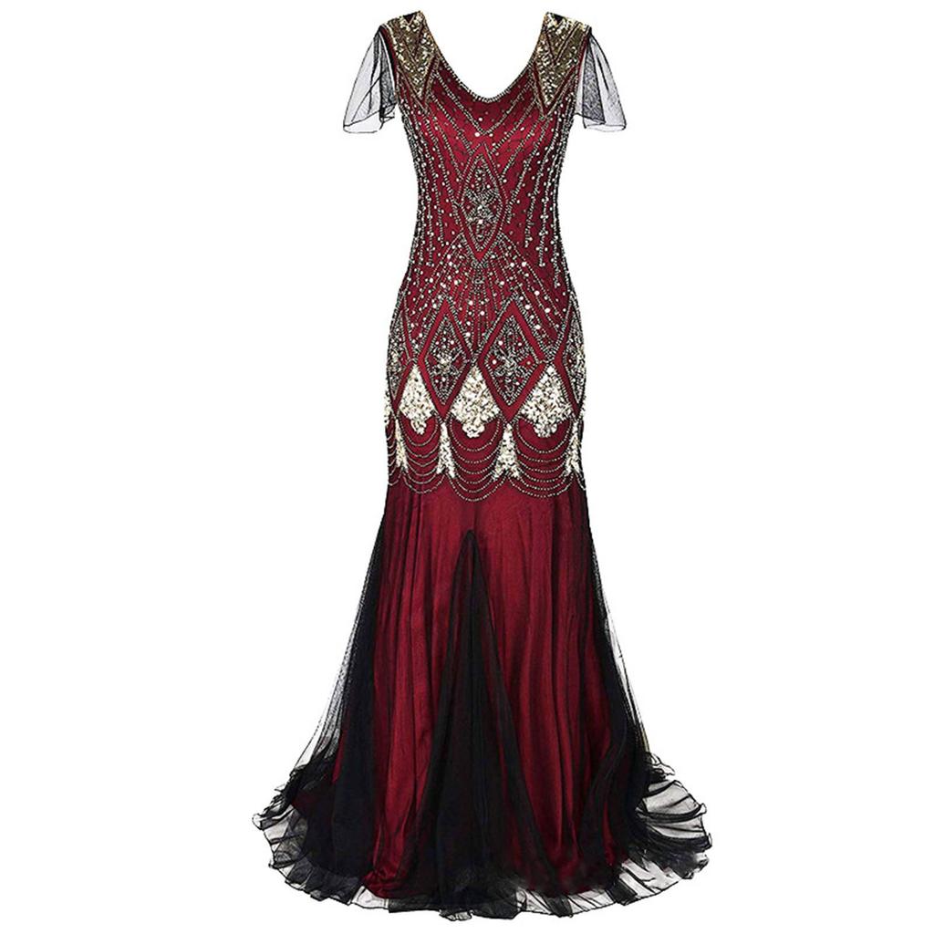 Damemote V-hals Vintage Paljetter Kjole Bankett Fest Aftenkjole Fiskehalekjole Lange kjoler