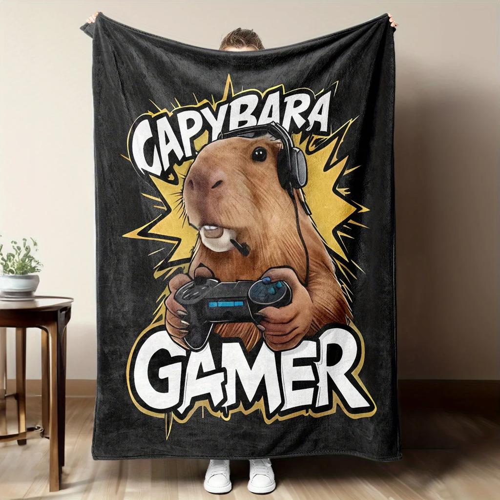 Capybara Gamer Blanket Funny Animal Gaming Design Soft Fleece Throw for Gamers Home Decor Tech Theme Gift