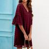Women's  Small Fresh Casual Solid Color Loose Straight Trumpet Short-sleeved Jacquard-chiffon Stitching V-neck Dress