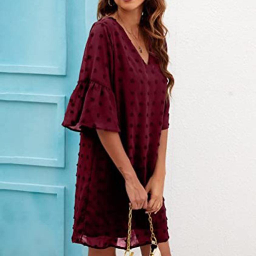 Women's  Small Fresh Casual Solid Color Loose Straight Trumpet Short-sleeved Jacquard-chiffon Stitching V-neck Dress