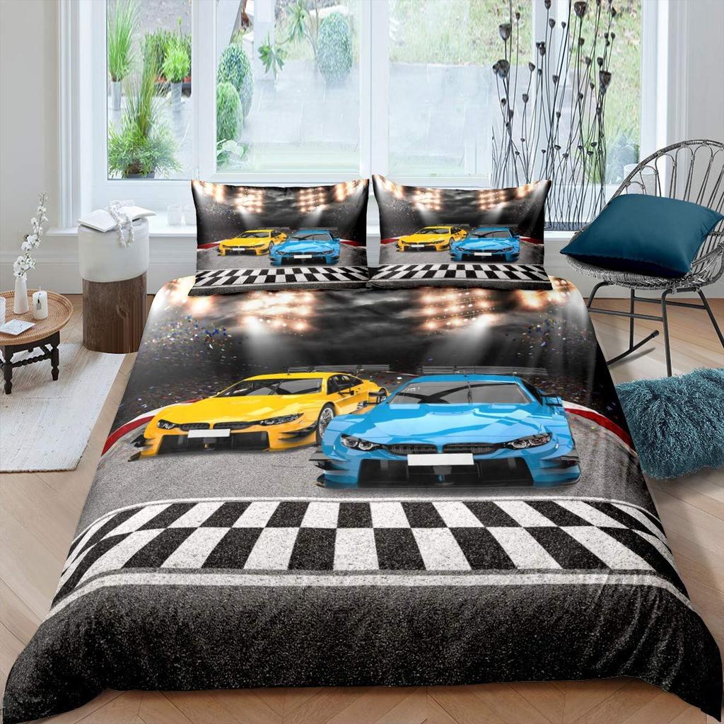Race Car Duvet Cover Set Queen Size 3D Car Print Bedding Set Stylish Decor Boys Sport Comforter Cover Speed Sports Car Quilt Set