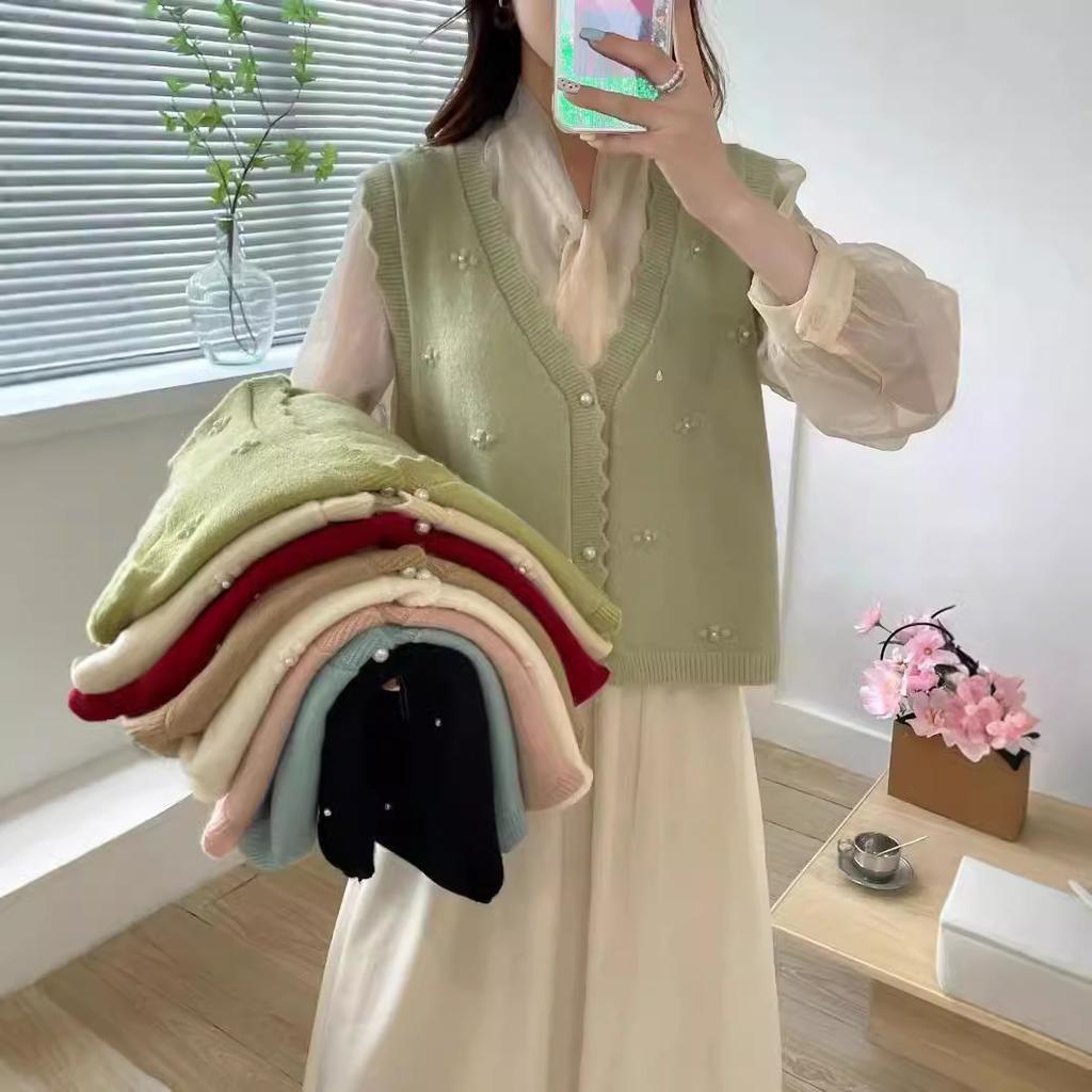 Autumn Sweater Vest Women Beaded Preppy Style Thin Sleeveless Knit Cardigan Waistcoat