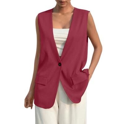 Fashion Design Suit Vest Lady Vintage V-Neck Work Casual Loose Waistcoat Solid Color Single Button Sleeveless Thin Blazer Jacket