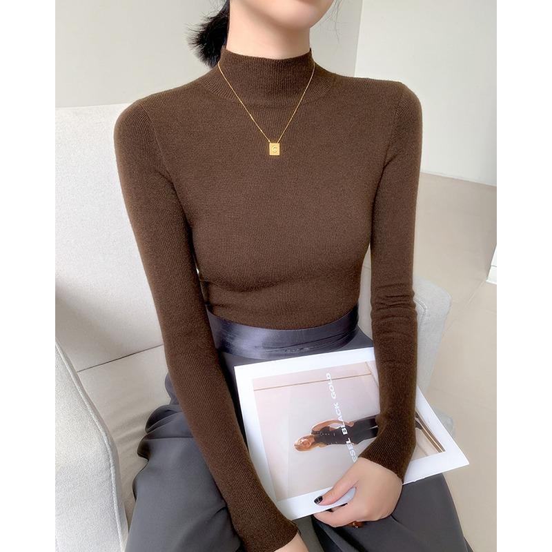 Autumn and Winter Semi High Neck Knitted Sweater Women Long Sleeve Solid Casual Base Sweaters Tops Office Lady Elegant Slim Fit Knitwear Jumper 25049