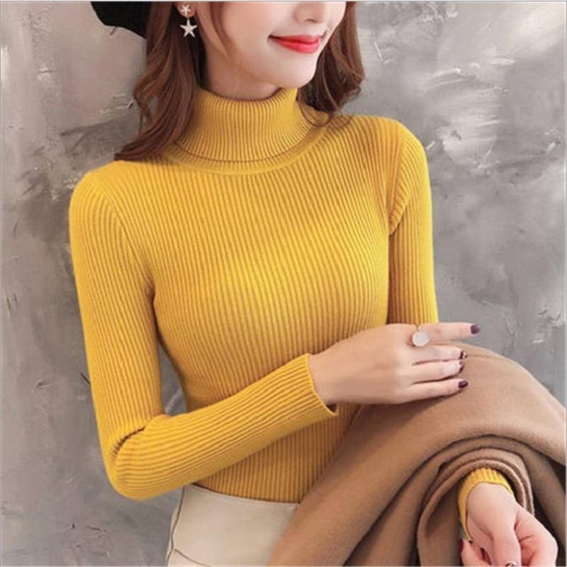 Autumn and winter inner and outer wear fashionable foreign style solid color pit strip turtleneck bottoming shirt women's long-sleeved knitted