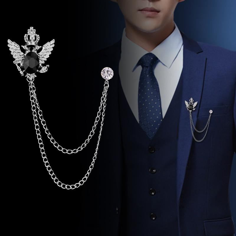 1Pz Spilla da Uomo Stile Retrò Europeo e Americano Corte Giacca Completo Corsage Catena Frangiata Aquila a Due Teste Spilla