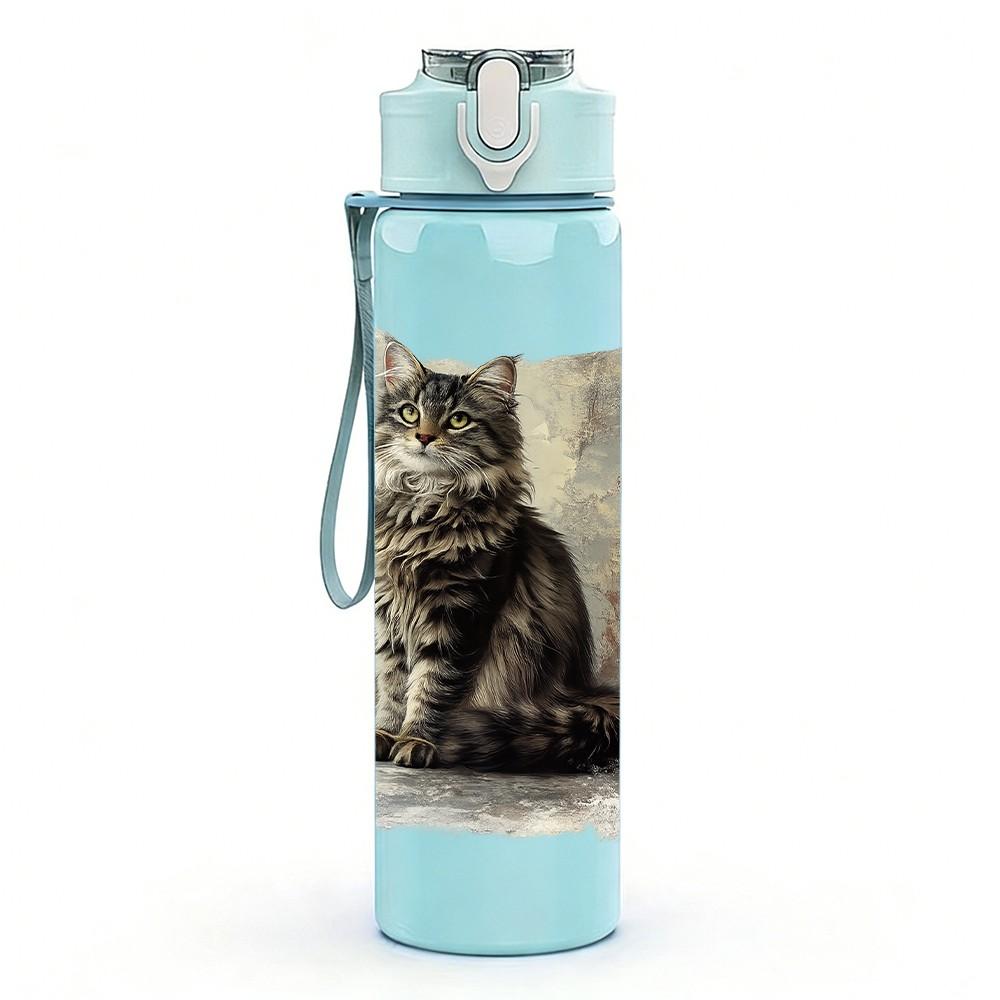 1PC Vintage Cat Old Photo Pillow Print 750ml Color Plastic Sports Water Bottle Leakproof Flip Straw Lid Suitable for Sports Office Home Use