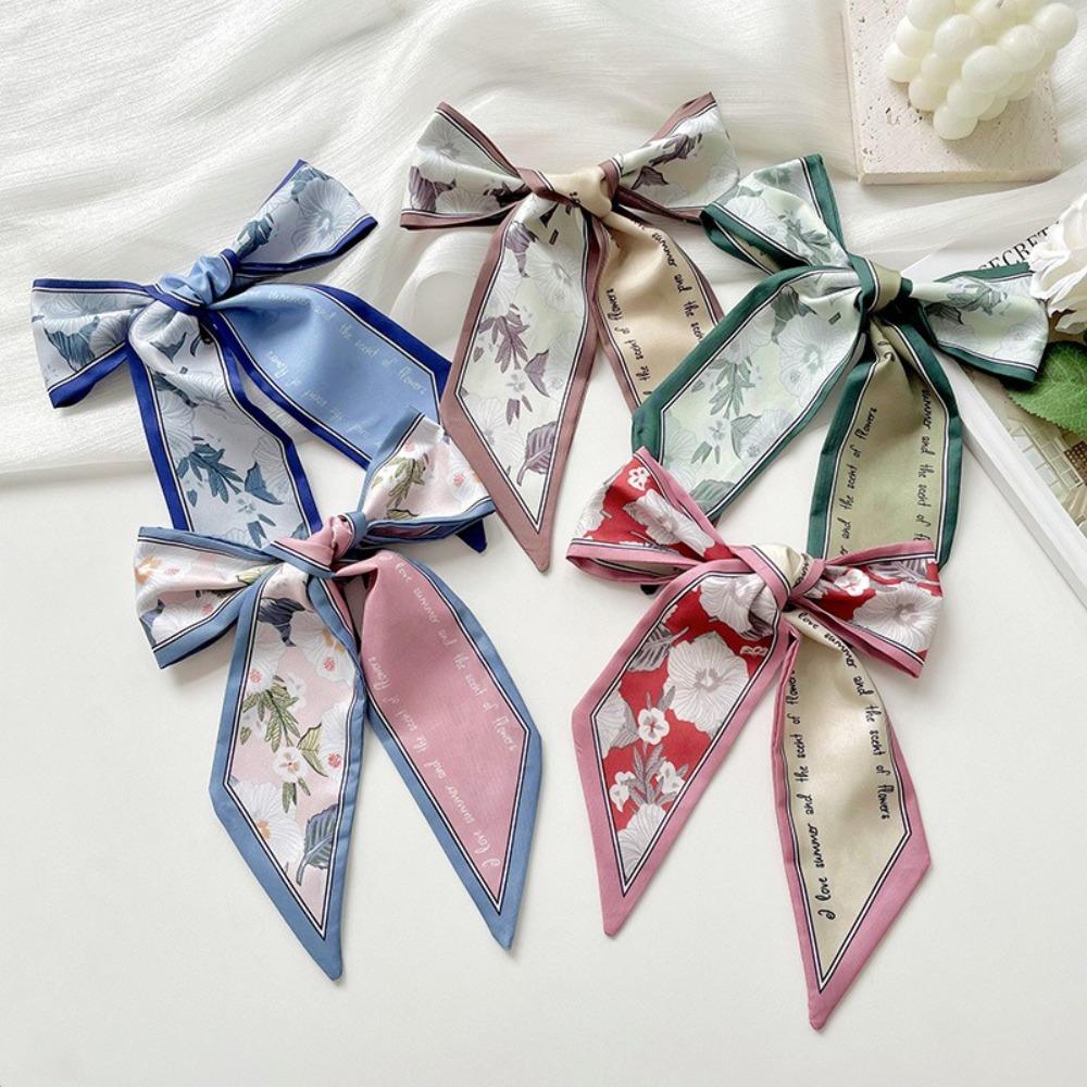 Summer Floral Silk Satin Scarf Long Narrow Thin Tied Hairband Neckerchief Bag Decoration Vacation Headscarf