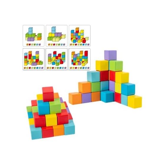 Across Rainbow Shape Cube Building Blocks, Wooden, 64 Pieces, 8 Colors, 50 Model Cards, Spatial Awareness, Thinking Skills, Concentration Montessori