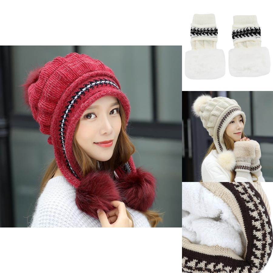 Elegant Fashion Winter Hat Gloves Set For Women With Warm Knit Beanie And Pompoms
