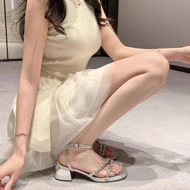 Su Yinyin Rock Candy Fairy~ Summer New One-word Sandals French Rhinestone Open-toed Thick High-Heeled Sandals Women