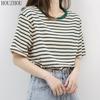 HOUZHOU Stripete T-skjorte Dame Grønn Kortermet Sommer Løs Stor størrelse Korean Chic Casual Topper