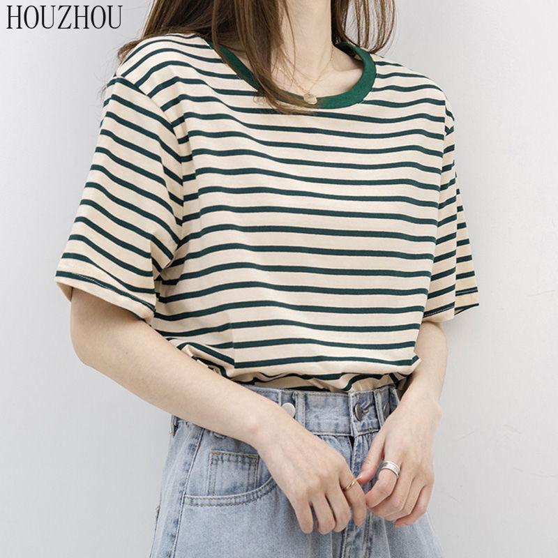 HOUZHOU Stripete T-skjorte Dame Grønn Kortermet Sommer Løs Stor størrelse Korean Chic Casual Topper