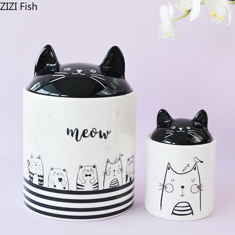 Cute Black Cat Decorative Jar and Lids Dressing Table Ring Necklace Jewelry Box Cosmetic Jar Ceramic Candy Pots Aroma Can