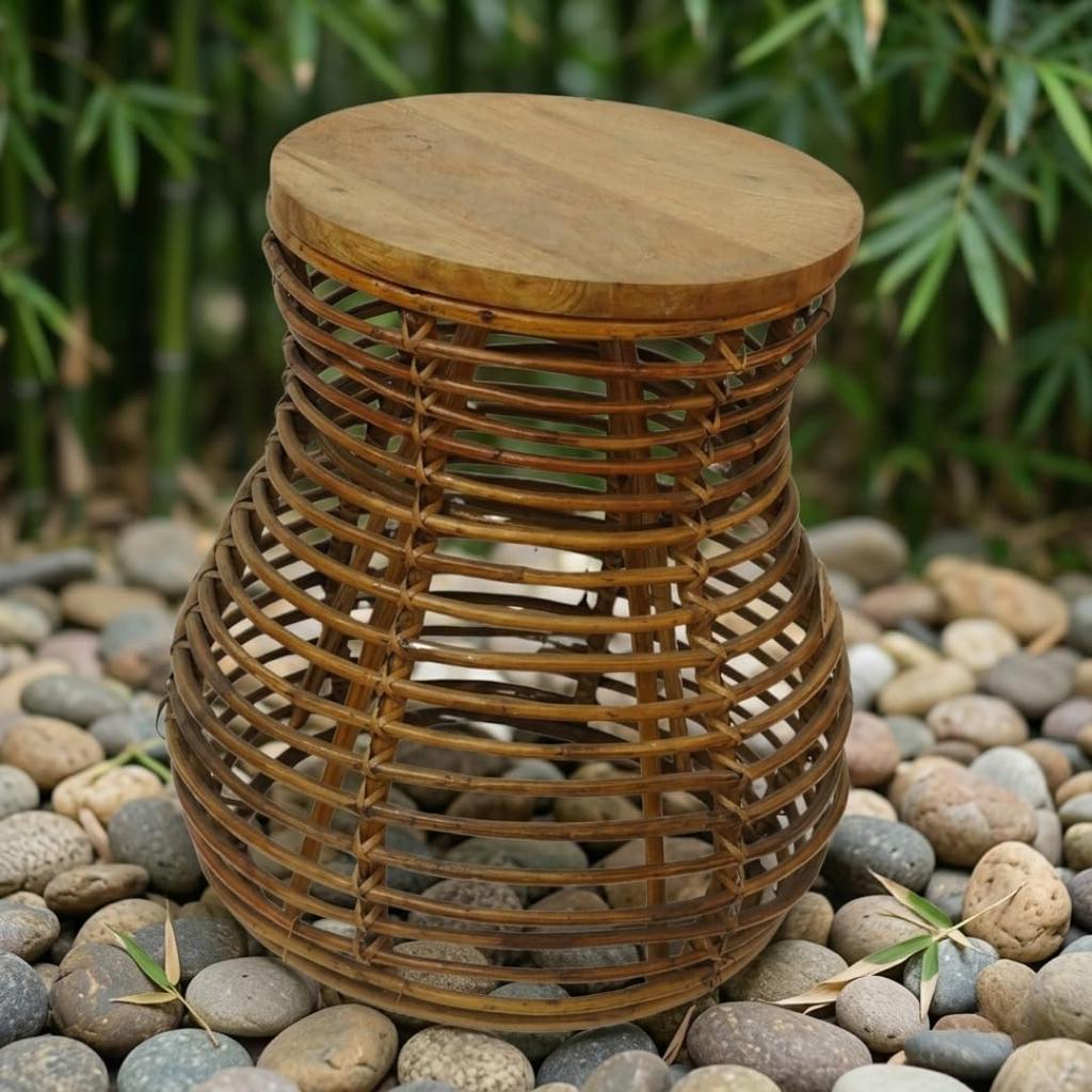 Eco Decx Rattan Woven Plant Stand for Living Room | Indoor Outdoor Bamboo Plant Stand with Tiered Design & Wooden Top |  46 X 46 X 57 Cm