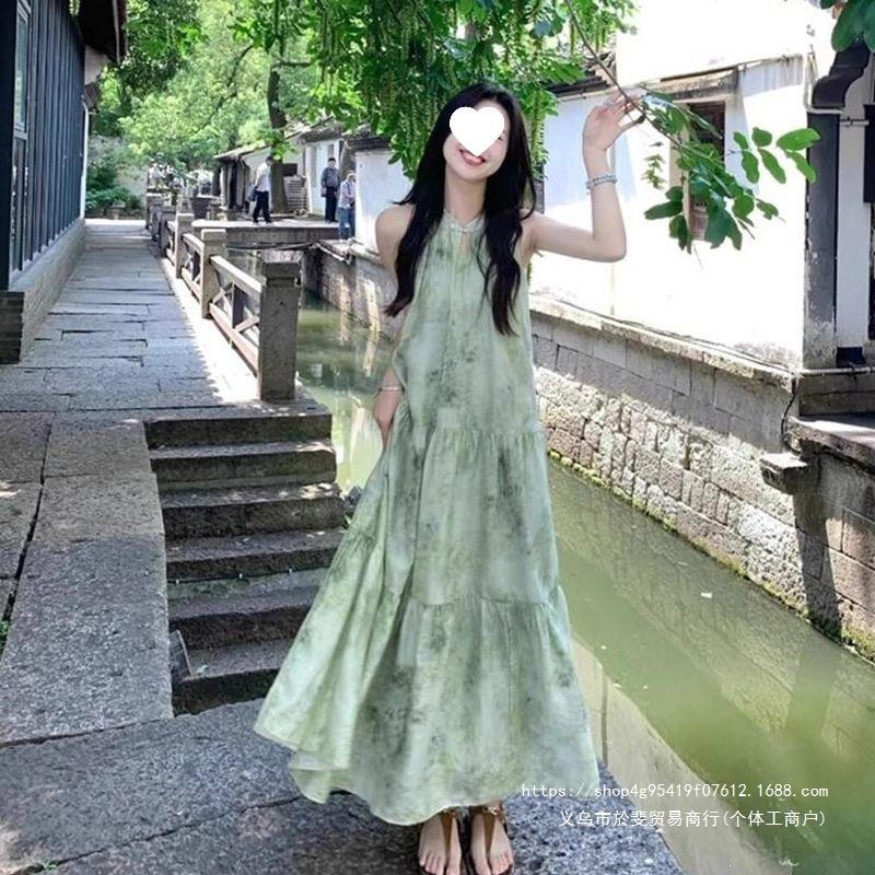 Gentle wear button mint green dress summer national style new holiday floral sleeveless long dress skirt