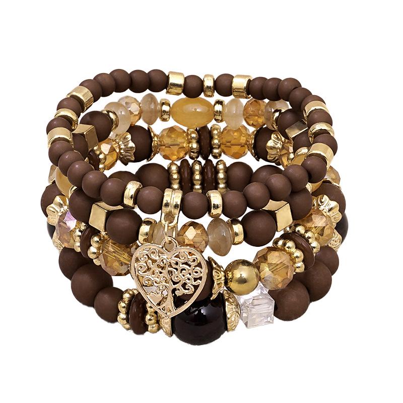 Bohemian Ethnic 4-Piece Bracelet Set: Multi-Layer Stackable with Peach Heart Tree Pendant & Acrylic Beads.