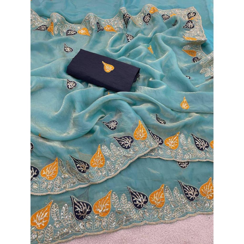 Saris purs et doux en satin Fandy avec d'incroyables sequins de 3 mm et du travail au fil multicolore