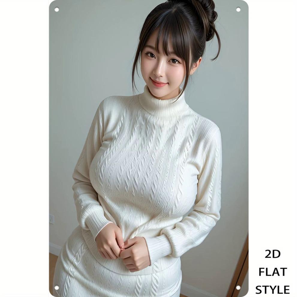 

HD Metal Tin Sign Gorgeous Asian Model in White Turtleneck Sweater Retro Metal Wall Art for Home Decor x Inch 20x30cm（7.8x11.8inch）