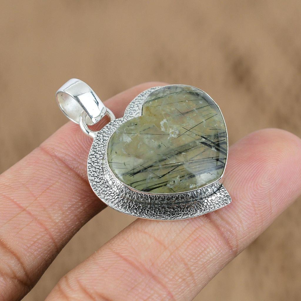 Gift For Her 925 Sterling Silver Natural Black Rutile Gemstone Pendant Heart