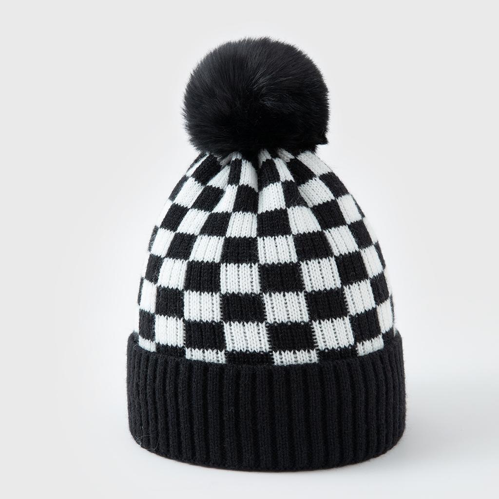 Plaid Knitted Pullover Hat With Fleece Lining Ear Flap Warm Winter Autumn Hat