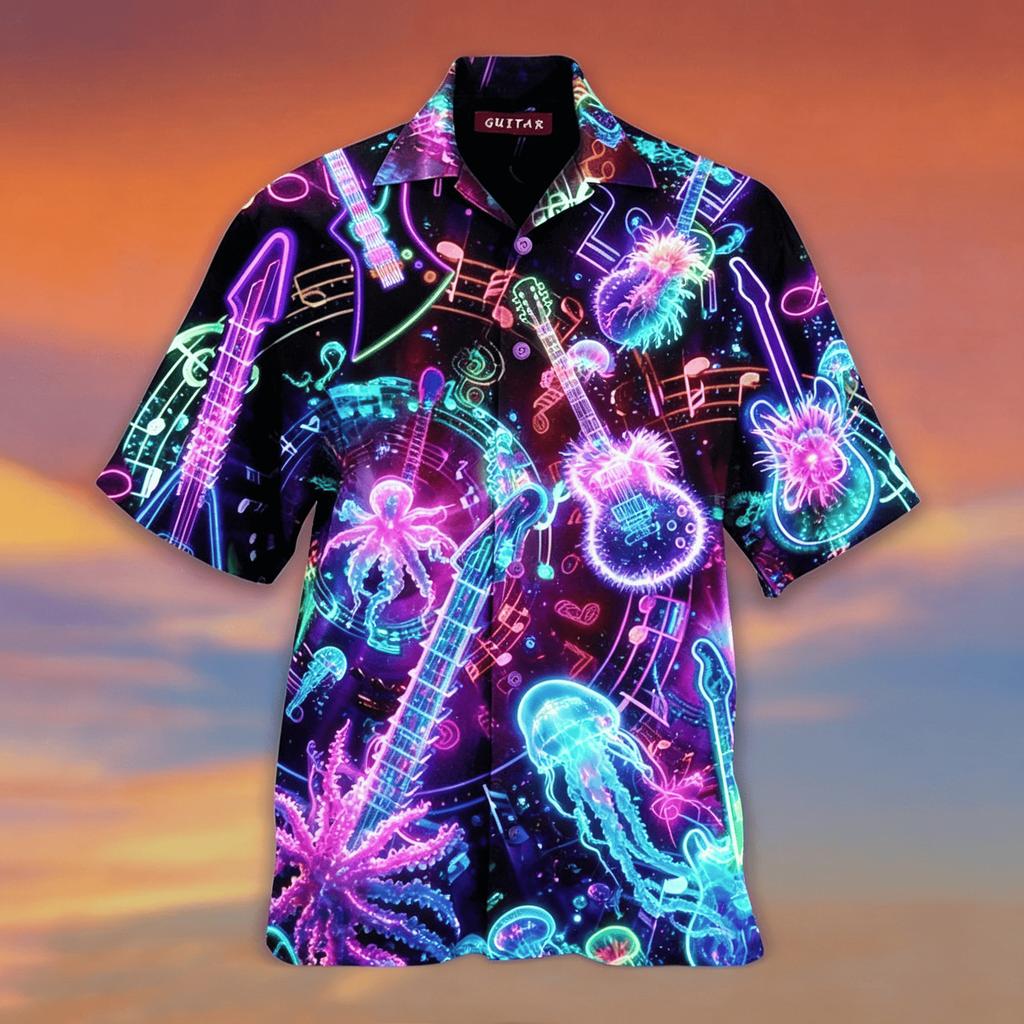 Pánská neónová havajská košile s krátkým rukávem a potiskem medúzy a kytary, psychedelický hudební havajský košile na knoflíky pro jaro a léto