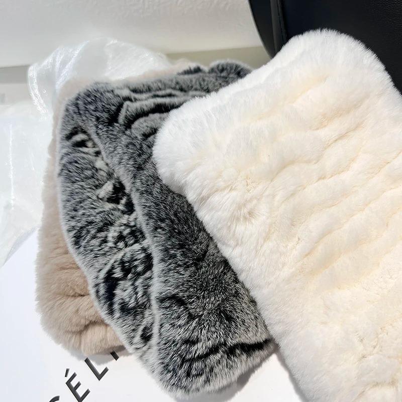 Women Handmade Stretch Real Rabbit Fur Scarf Knit Genuine Rex Rabbit Fur Headbands Girls Natural Rabbit Fur Ring Scarves