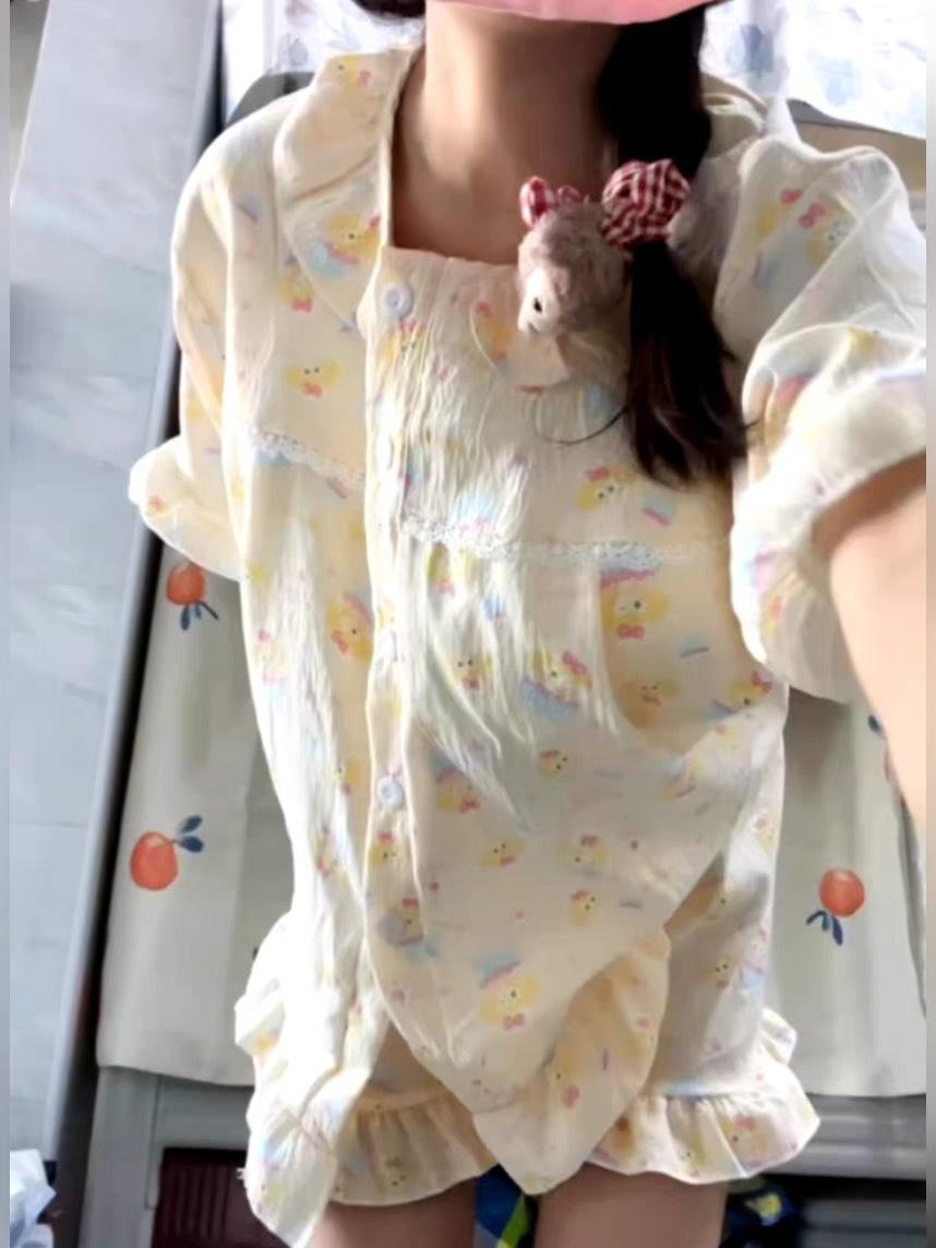 

Princess Feng Keqi an pajamas women s summer short-sleeved shorts cardigan set loungewear girl comfortable two-piece set S