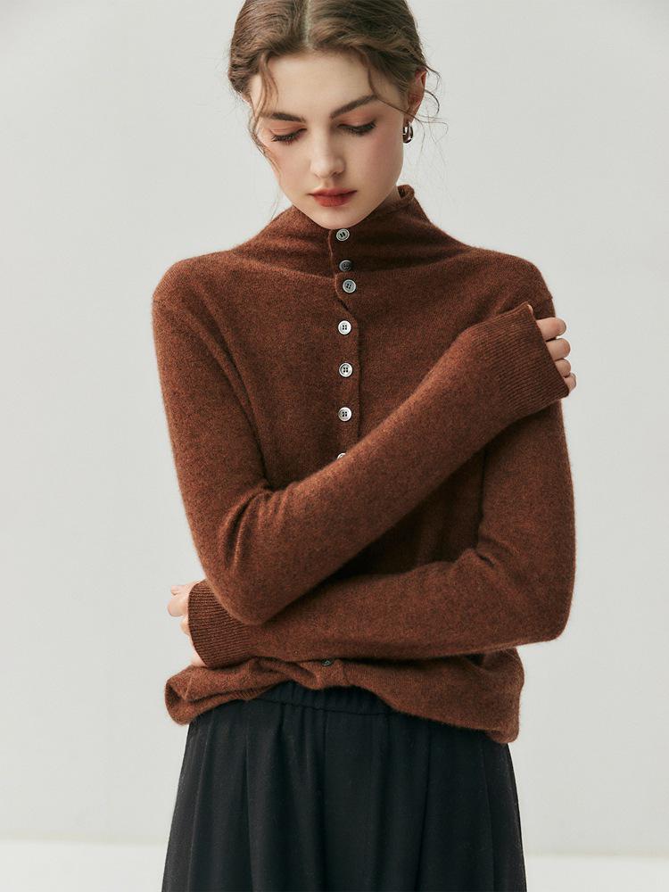 Damen Kaschmir Pullover mit gerolltem Rand, halbem Stehkragen - Minimalistisch, Lockerer Schnitt, Figurschmeichelnder Langarm.