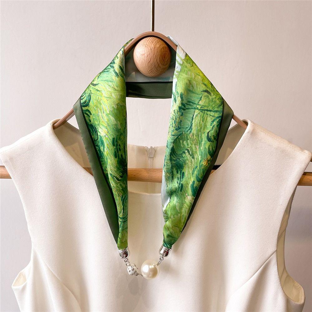 Women Bib Neck Guard Multifunctional Silk Scarf Satin False Collar Print Scarves Cross Neckerchief