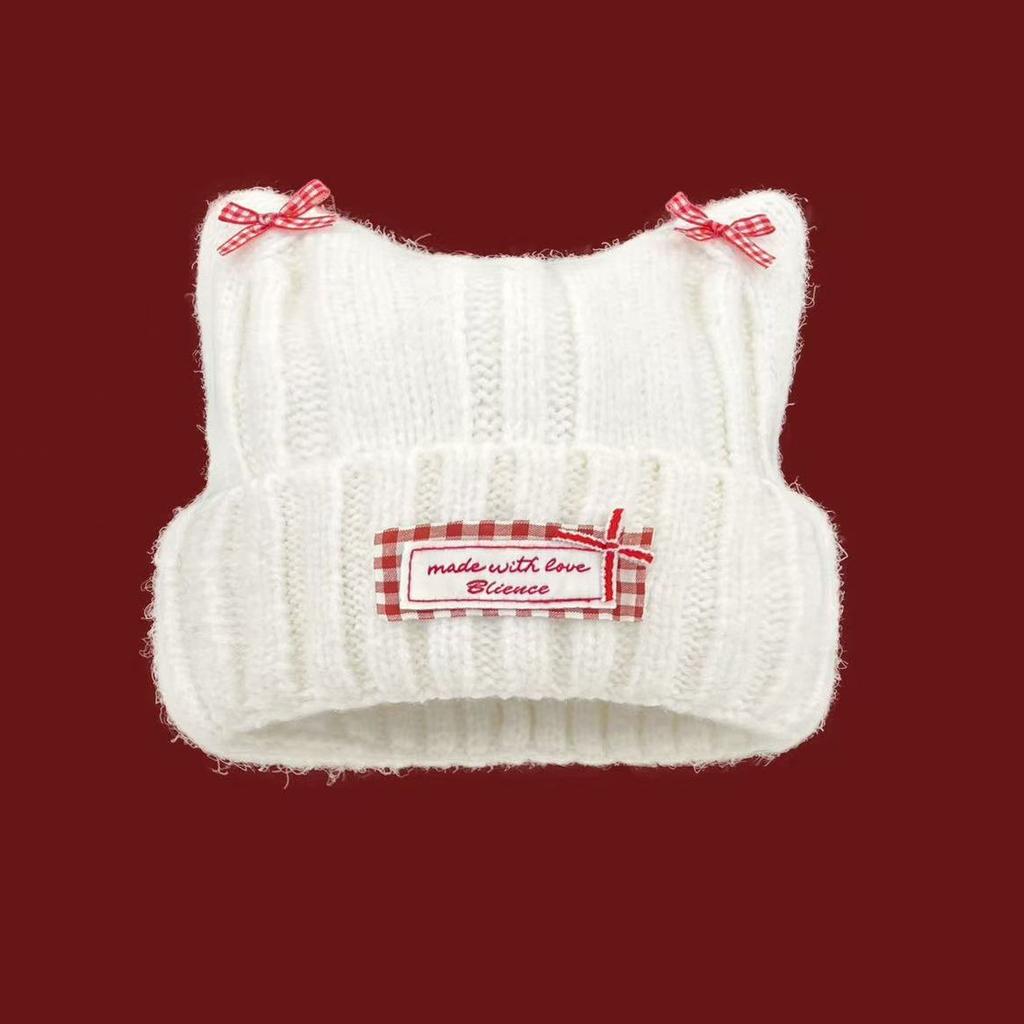 Sweet bow cat ear knitted pullover hat for women, small face in autumn and winter, warm and fashionable versatile wool hat