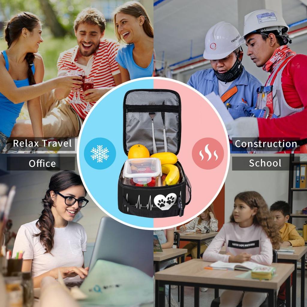 Dog Paw And Heart ECG Heartbeat Insulated Lunch Bag for Women Kids Portable Food Boxes Thermal Lunch Box Tote