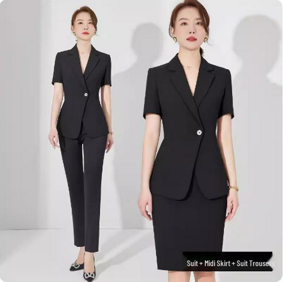 Women's Black Slim-Fit Short-Sleeve Professional Suit - Summer Fashion Workwear with Teacher Temperament