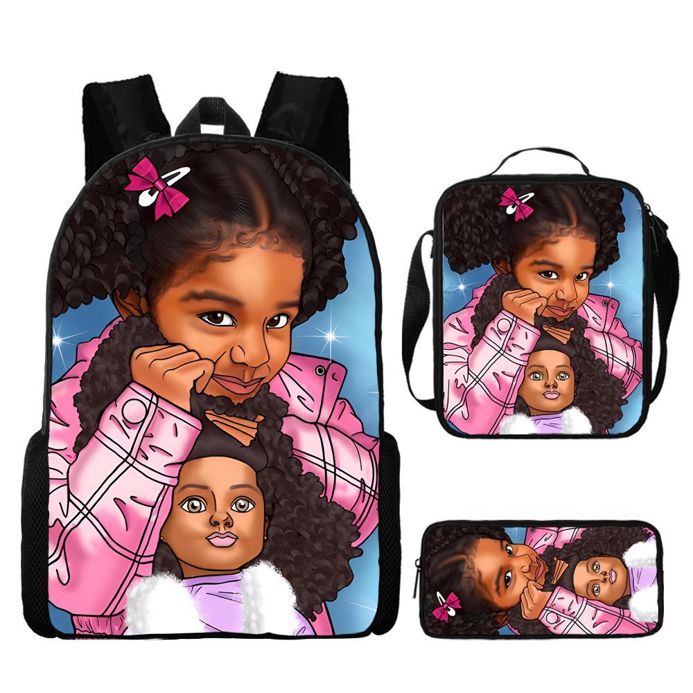 Cartoon African Girl Schoolbag, Primary And Secondary School Backpack, Backpack Three-Piece Set