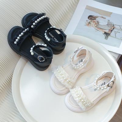 Girls Pleated Princess Sandals Children Gladiator Sandals Fashion Kids Pearls Flats Sandals Solid Color Hook Loop 2024 New