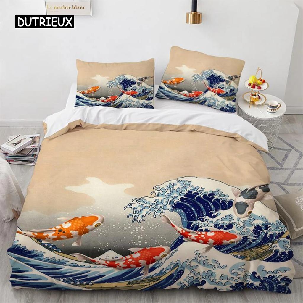 Wave Duvet Cover Set Hokusai Pattern Japanese Ukiyoe Quilt Cover Oriental Sketch Style Ocean Queen Twin Polyester Bedding Set