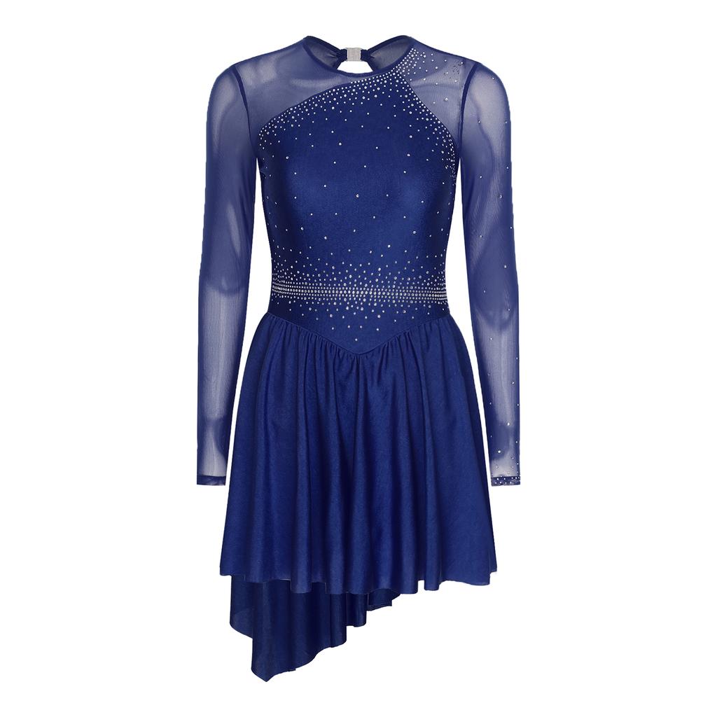 Damen Funkelnde Strasssteine Tanzkleider Cut-out Rücken Kontrastfarbe Netz Langarm Asymmetrischer Saum Kleid