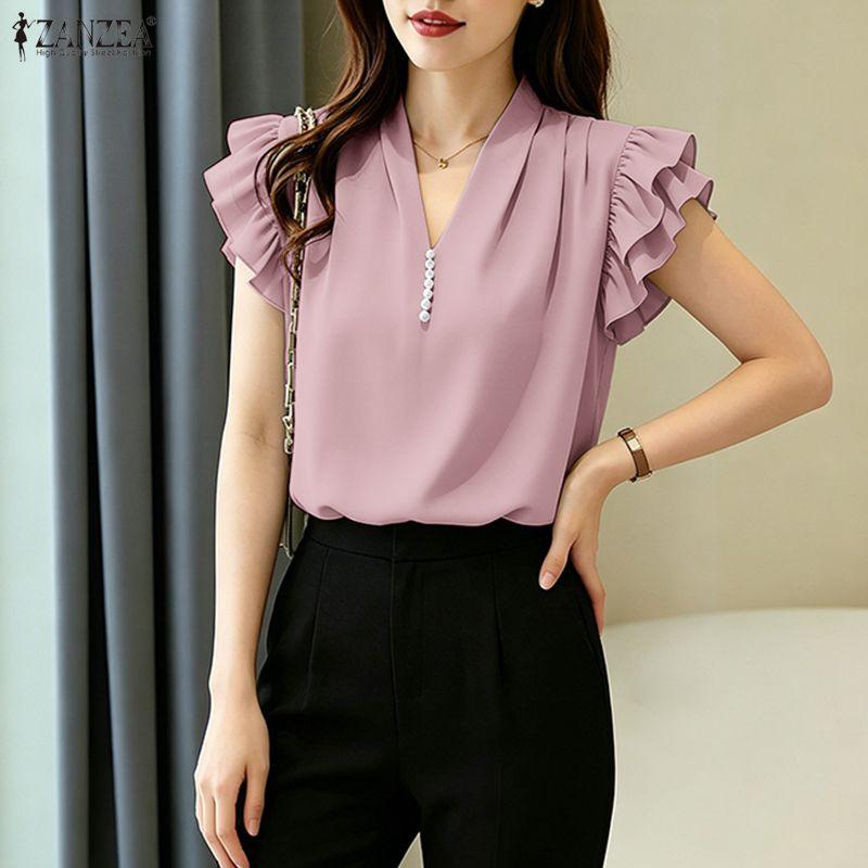 ZANZEA Women Casual V-Neck Ruffles Short Sleeve Elegant Blouse