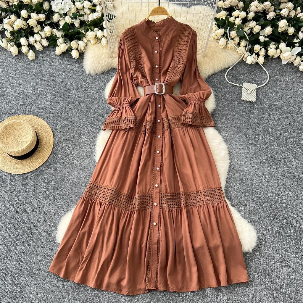 Vestido Chic de Encaje Slim con Cuello Mao de Manga Larga Empalmado de Botonadura Sencilla High Street Vintage Noche Mujer Ropa Otoño Invierno