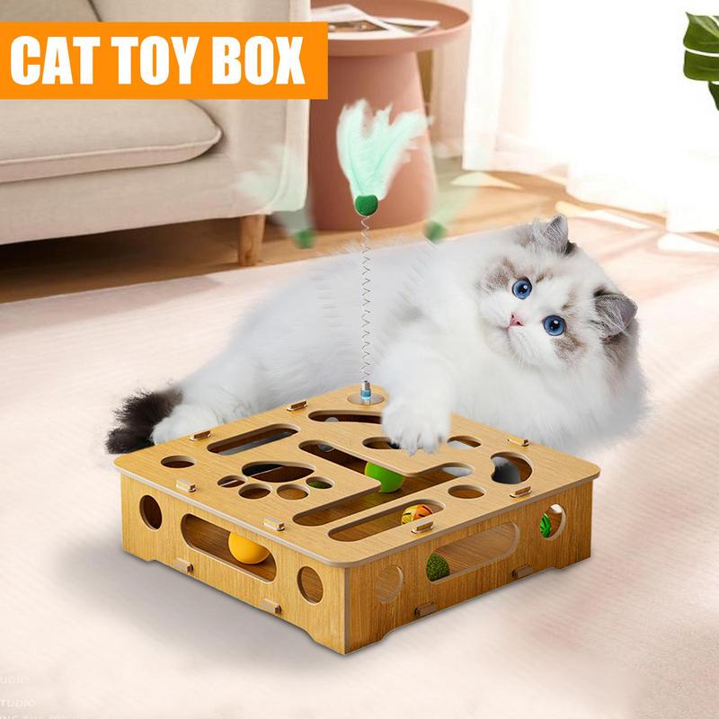 Cat Puzzle Toy Cat Toys Puzzle Wood Box with Feather and Balls Indoor Sports Entertainment Hunting Interactive Spring Cat Teaser