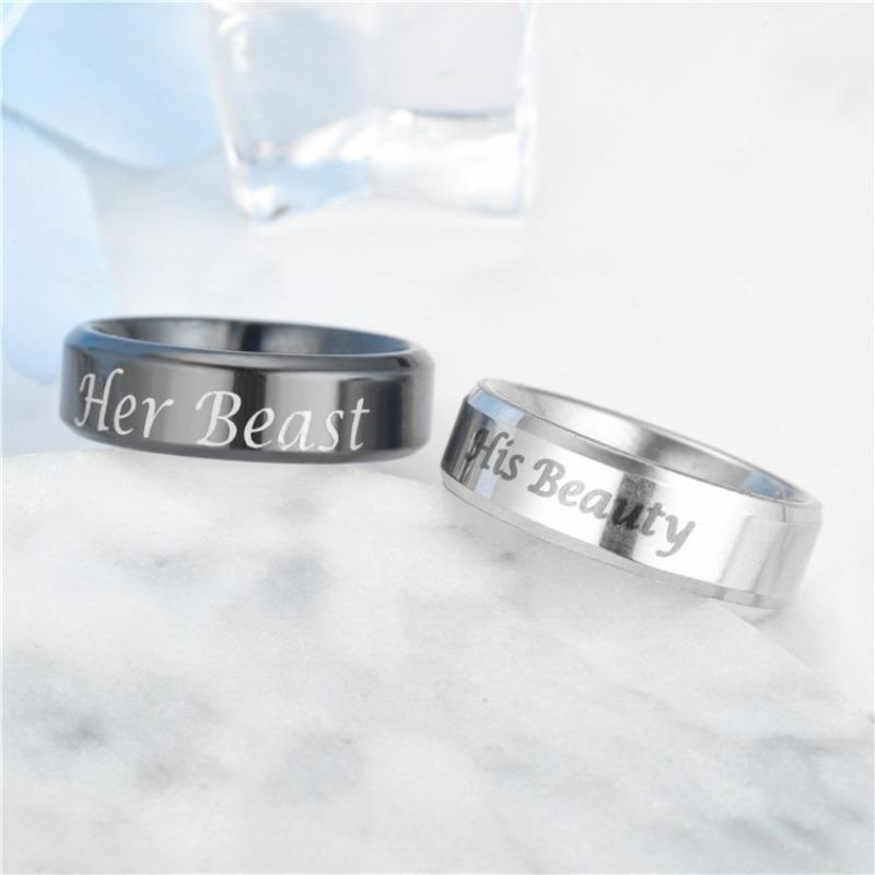 1Pc Fashion Fashion Multipurpose Design "Her Beast His Beaty" Queen's Simple Titanium Steel Ring