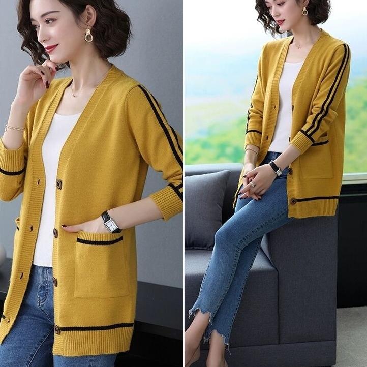 Dzianinowy sweter kardigan dla kobiet na jesień i zimę z dekoltem w serek, dzianinowy płaszcz, luźny sweter płaszcz o średniej długości