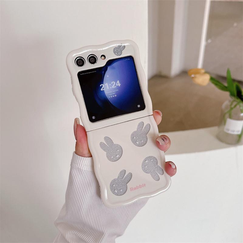 Phone Case For Samsung Galaxy Z Flip 5 4 3 ZFlip 5 Z Flip5 ZFlip5 Cute Rabbit Glitter Cards Bracelet Shockproof Cover