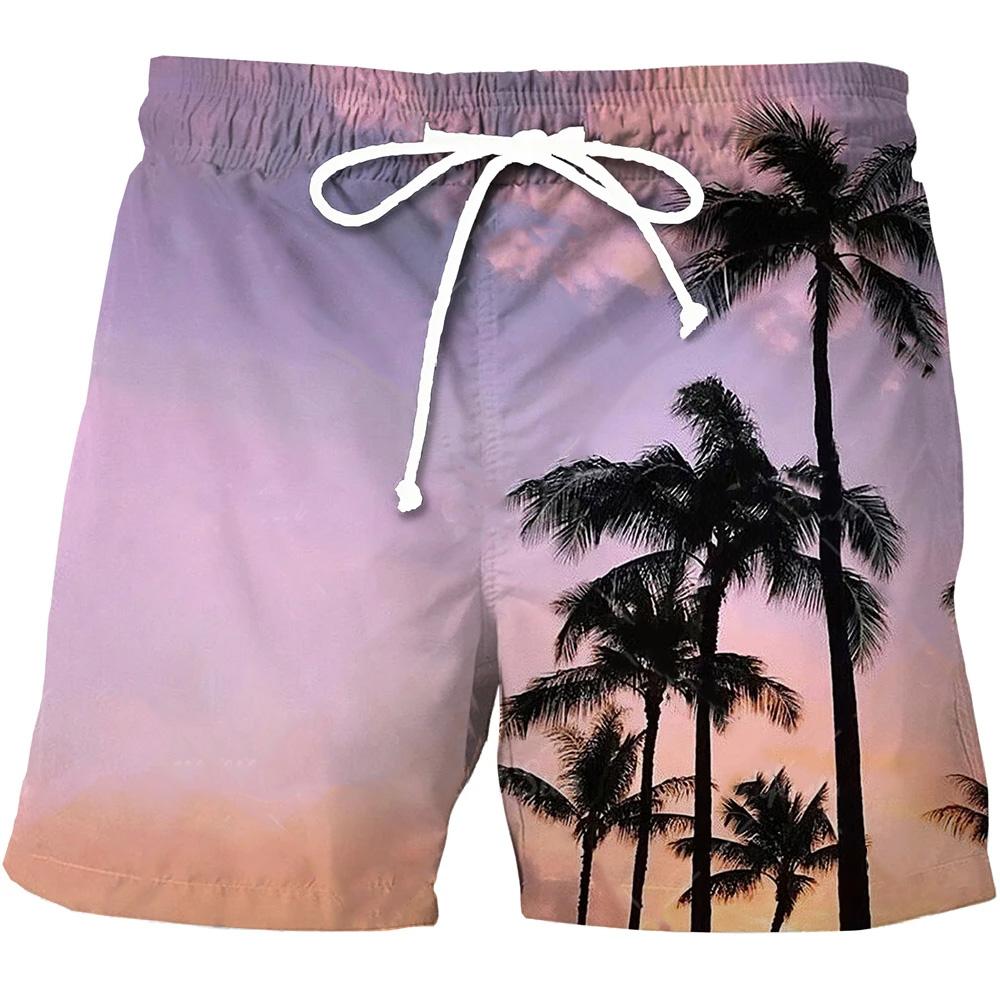 Men's Casual Shorts Beach Hawaii Casual Sports Shorts Natural Plants 3D Printing Shorts Fashion Men Breathable Drawstring Shorts