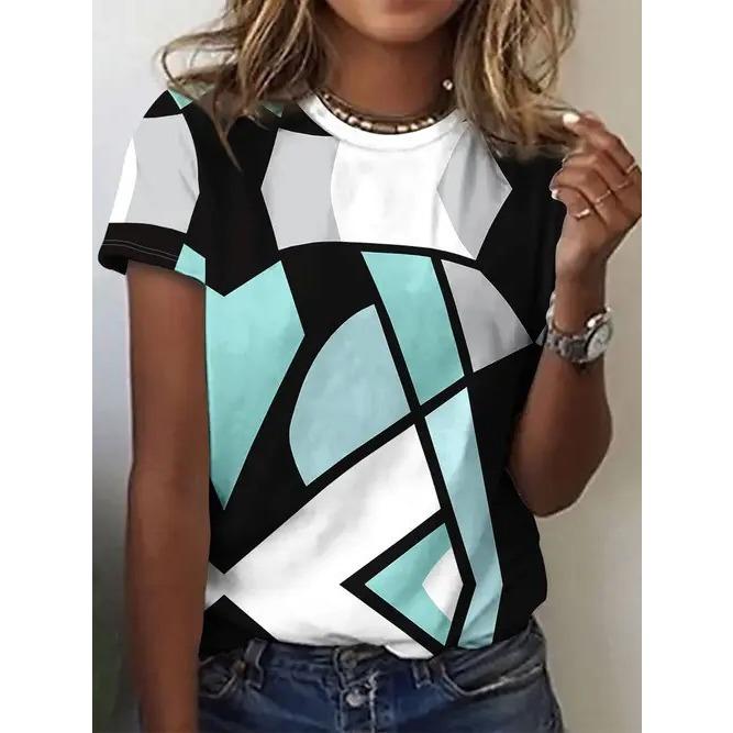 Summer Round Neck Geometric Pattern Color Block 3D Print Top Fashionable Casual Short Sleeved Women's T-shirts