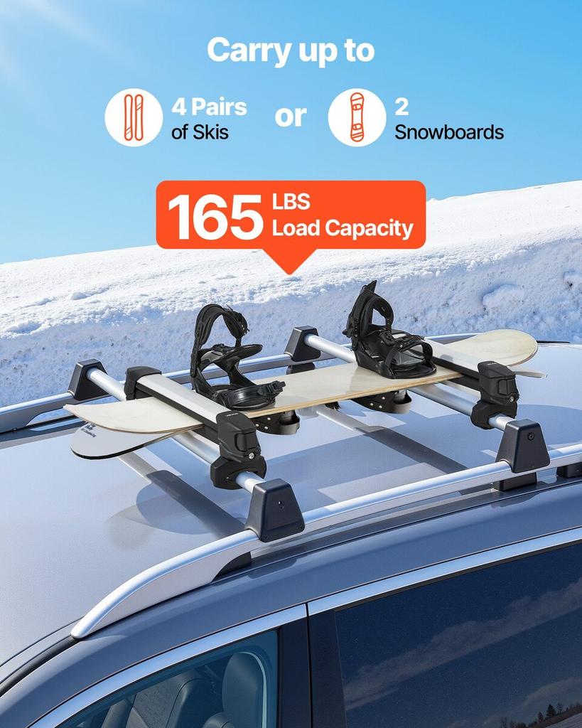 Ski & Snowboard Roof Rack, Carry up to 4 Pairs of Skis or 2 Snowboards, 2 PCS Aluminum Universal Car Roof Rack Top Holder with Lock & Rubber Padding,